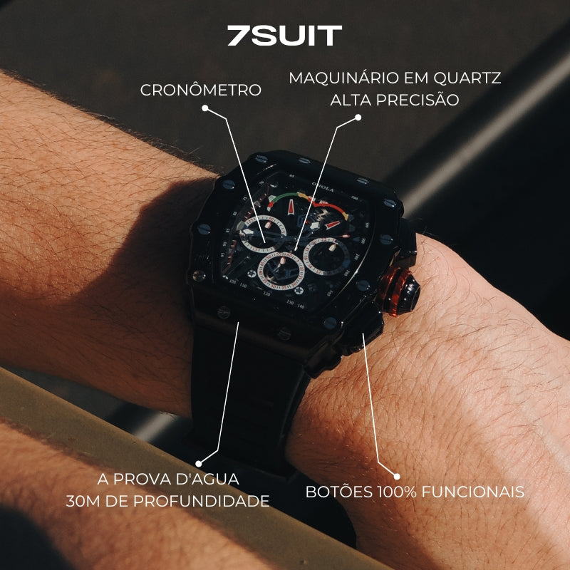 Relógio masculino 7SUIT Orison com caixa preta robusta, detalhes em vermelho, mostrador mecânico esportivo e pulseira ajustável. Perfeito para quem busca estilo e precisão.
