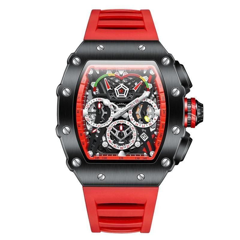 Relógio masculino 7SUIT Orison com caixa preta robusta, detalhes em vermelho, mostrador mecânico esportivo e pulseira ajustável. Perfeito para quem busca estilo e precisão.