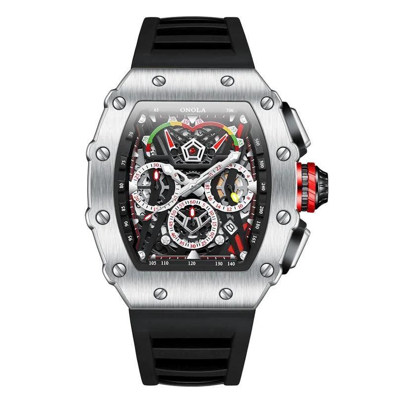 Relógio masculino 7SUIT Orison com caixa preta robusta, detalhes em vermelho, mostrador mecânico esportivo e pulseira ajustável. Perfeito para quem busca estilo e precisão.